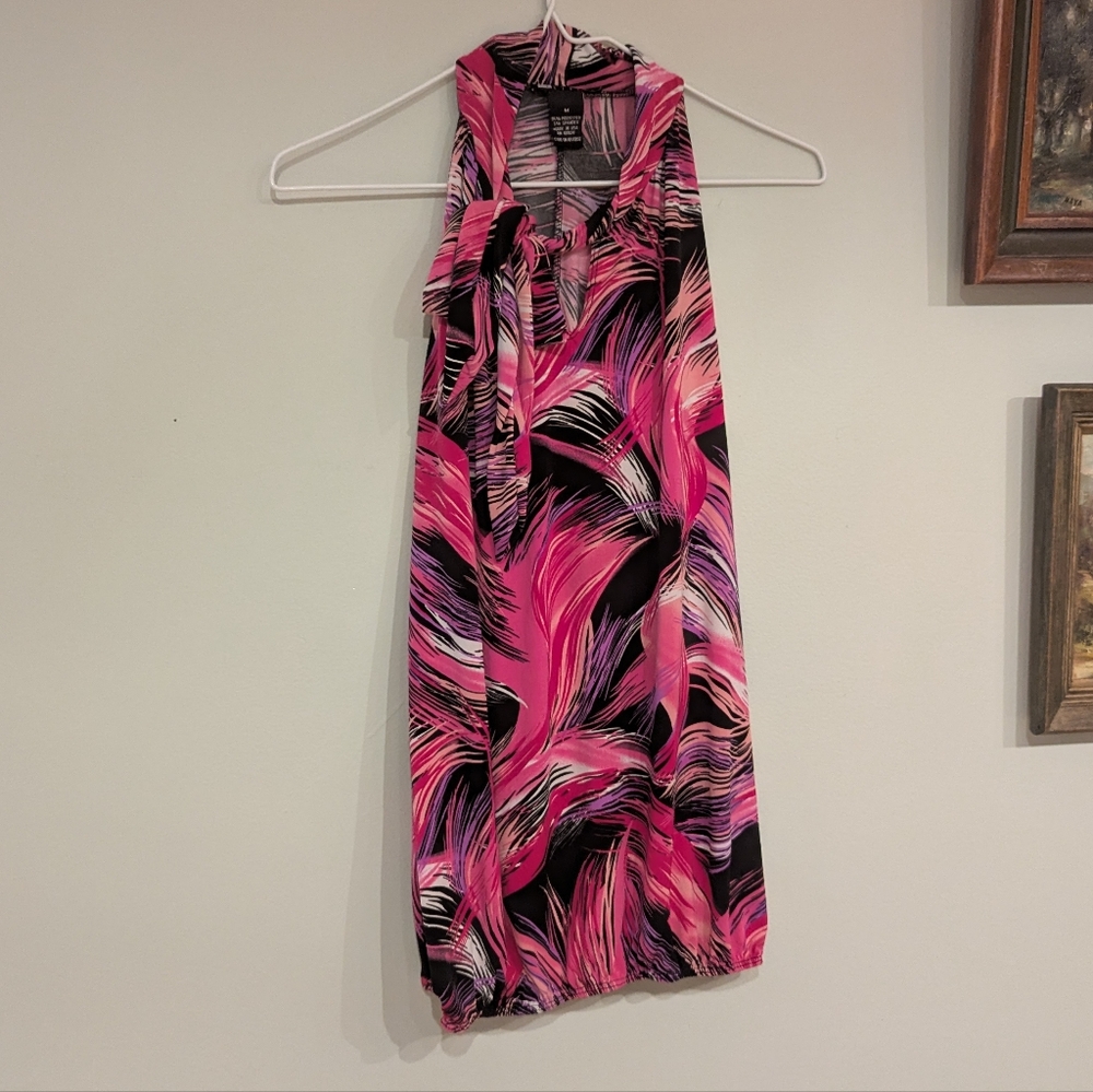 CAROLE LITTLE Women's Medium Pink Purple Pattern Sleeveless Tie Neck Top 73 - Picture 2 of 8